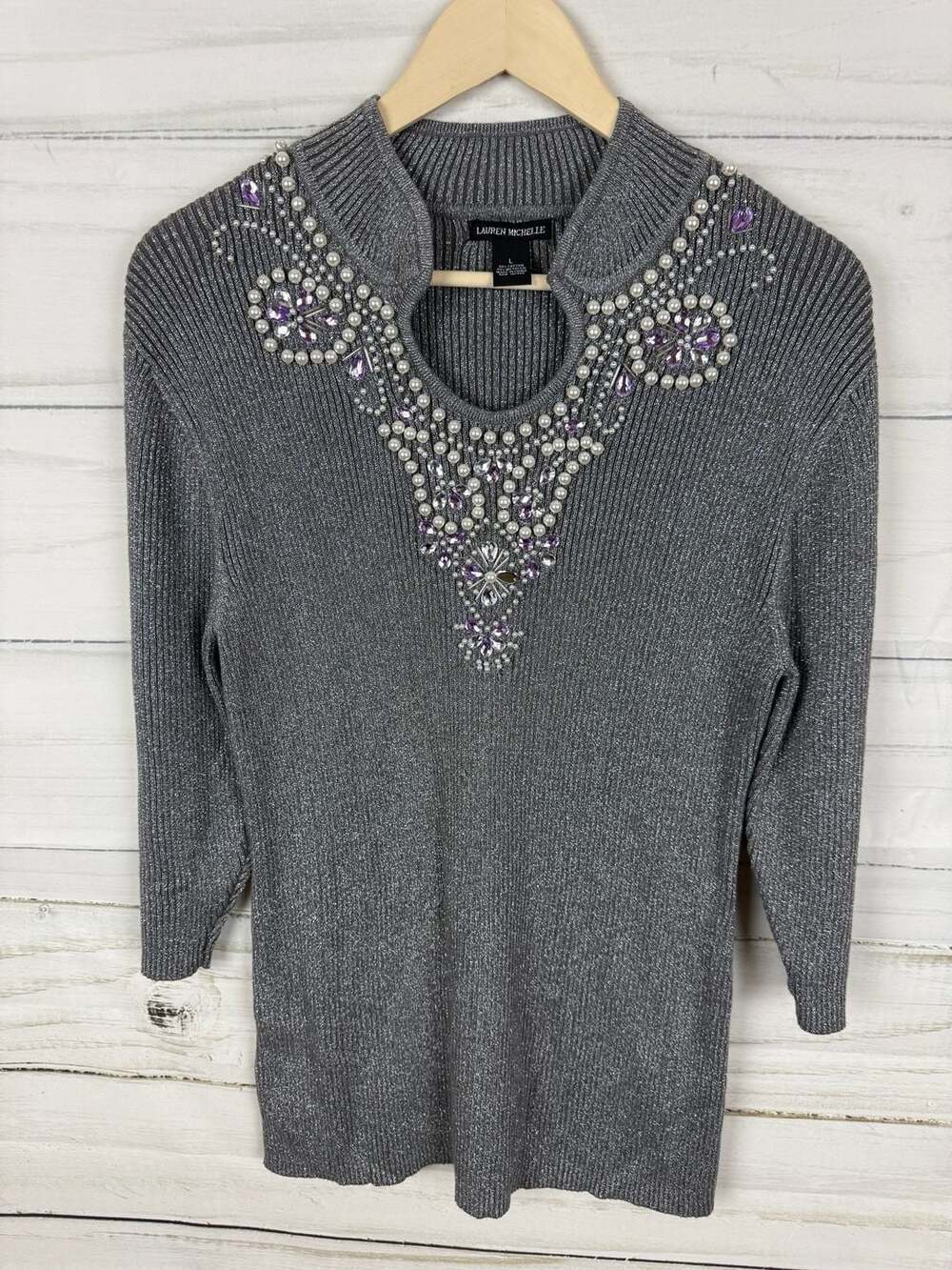 Lauren Michelle Silver Metallic Ribbed Sweater with Pearl and Purple Jewel